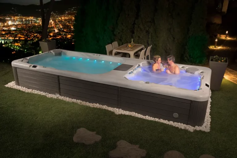 Picture of a couple in a luxury swim spa for the blog are swim spas worth it?